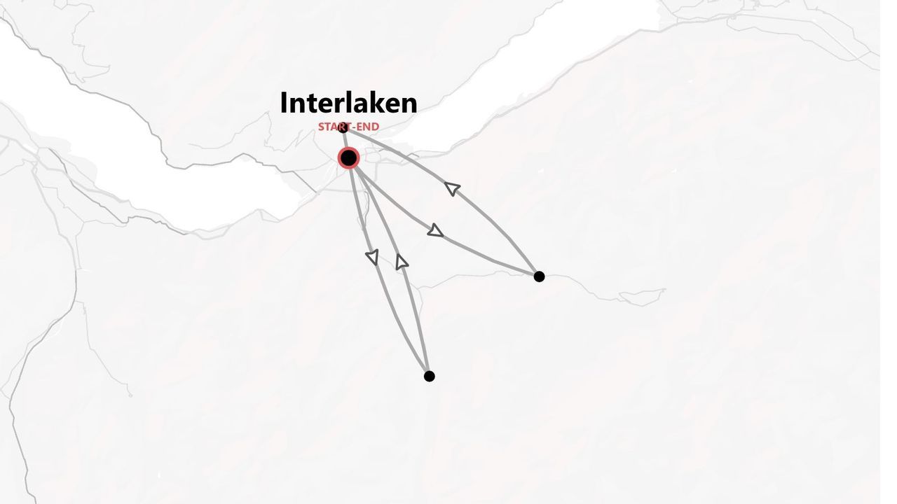 Carte simplifiée des itinéraires de voyage depuis et vers Interlaken, marquant le point de départ et d'arrivée.