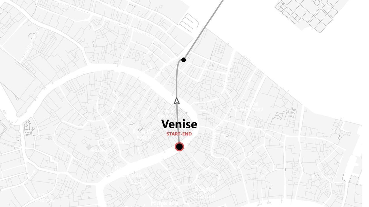 Une carte minimaliste en niveaux de gris de Venise, avec un cercle rouge indiquant le point de départ et d'arrivée d'un itinéraire.