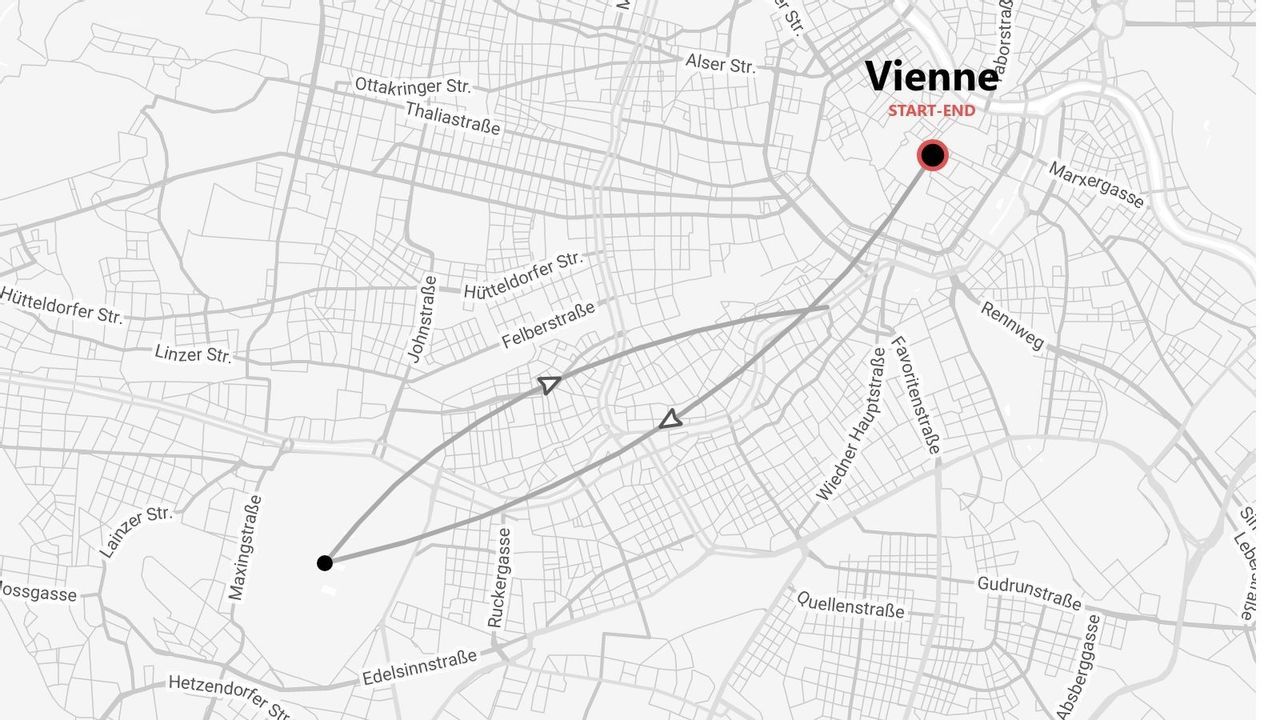 Plan de rue en niveaux de gris de Vienne, Autriche, présentant un itinéraire de voyage avec un point de départ et d'arrivée.