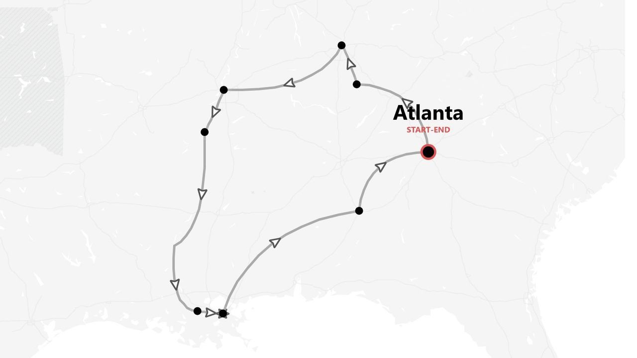 Une carte stylisée montrant un itinéraire de voyage circulaire avec plusieurs arrêts, commençant et se terminant à Atlanta.