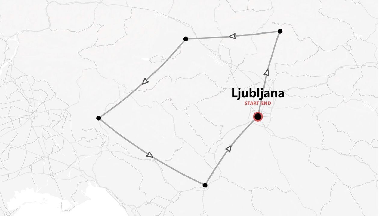 Carte d'un itinéraire de circuit en boucle avec plusieurs étapes, au départ et à l'arrivée de Ljubljana.