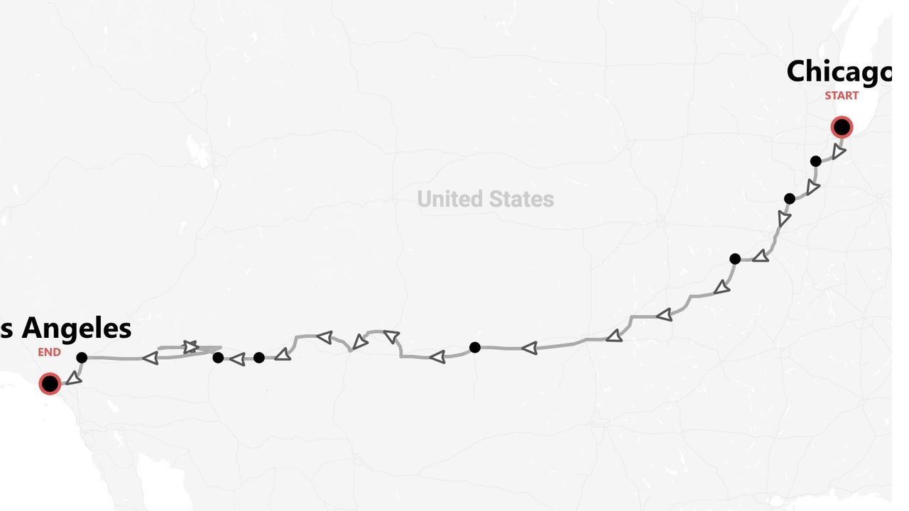 Une carte présentant un itinéraire de voyage à travers les États-Unis, de Chicago à Los Angeles.