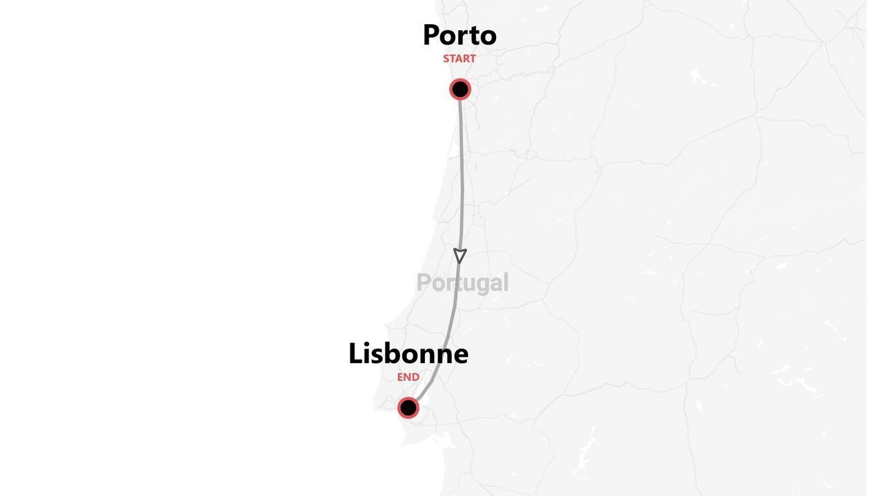 Carte d'un itinéraire de voyage au Portugal, de Porto à Lisbonne.