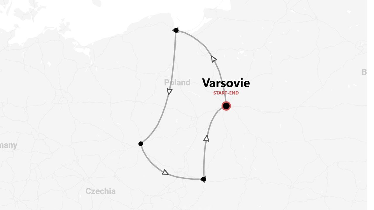 Carte d'un circuit touristique en Pologne, en boucle, au départ et à l'arrivée de Varsovie.