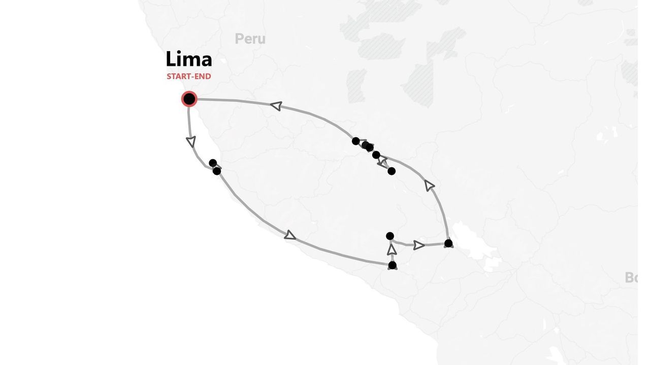 Carte d'un itinéraire de voyage au Pérou, détaillant un circuit en boucle avec plusieurs étapes, commençant et se terminant à Lima.