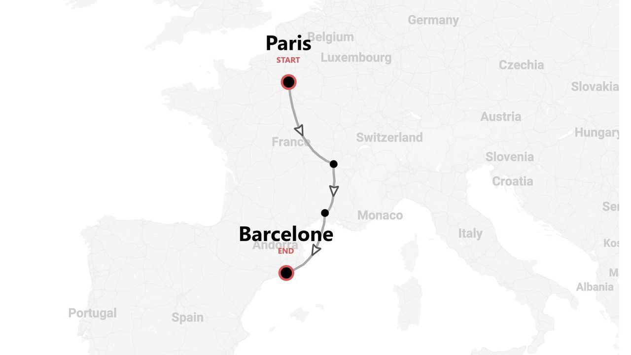 Carte d'un itinéraire de Paris, France, à Barcelone, Espagne, avec des étapes.