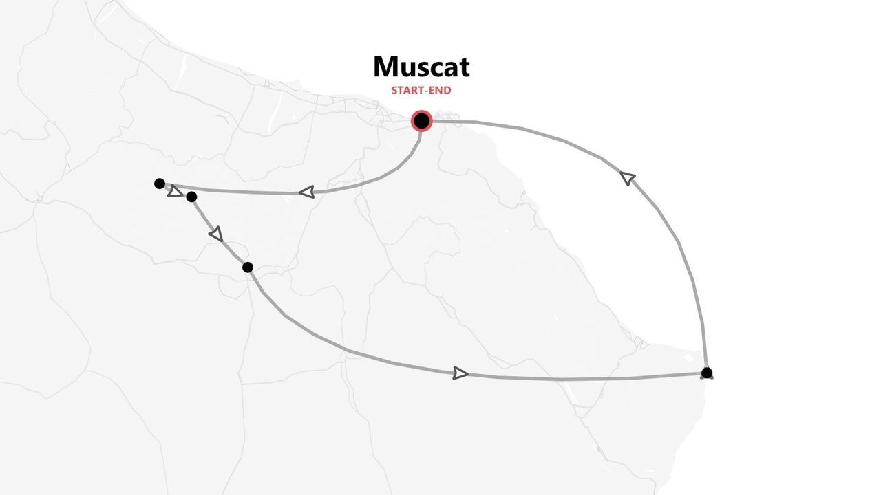 Carte schématique d'un itinéraire de voyage avec plusieurs étapes, débutant et se terminant à Mascate.