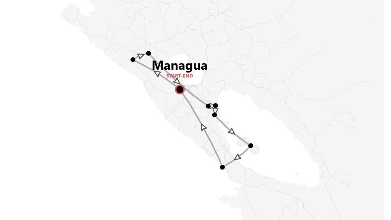 Une carte minimaliste d'itinéraire de voyage au Nicaragua, débutant et finissant à Managua.