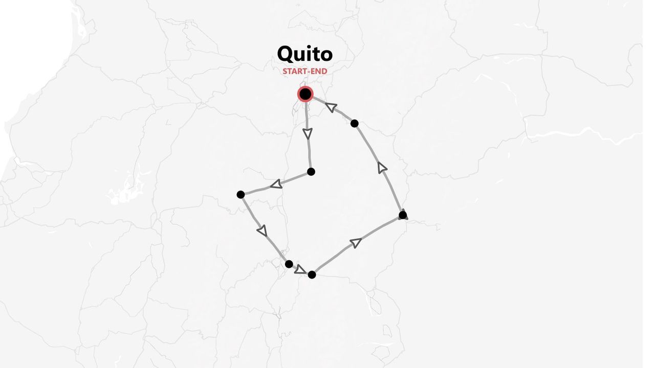 Carte d'un circuit touristique présentant un parcours circulaire avec plusieurs étapes, au départ et à l'arrivée de Quito.