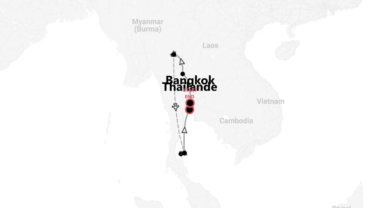 Carte d'itinéraire de voyage en Thaïlande, au départ et à l'arrivée de Bangkok, avec icônes de transport terrestre et aérien.