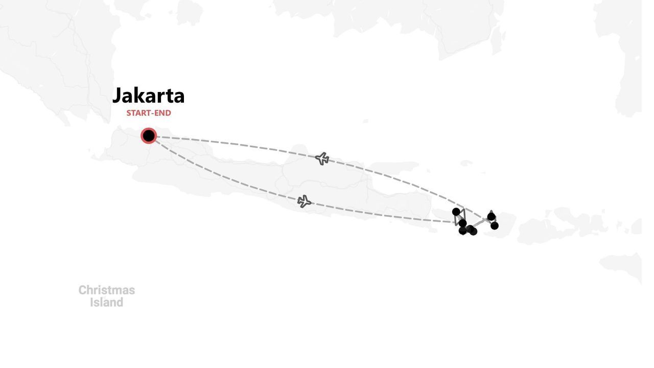 Une carte présentant un itinéraire de voyage débutant et se terminant à Jakarta, avec un vol vers les îles orientales de l'Indonésie.