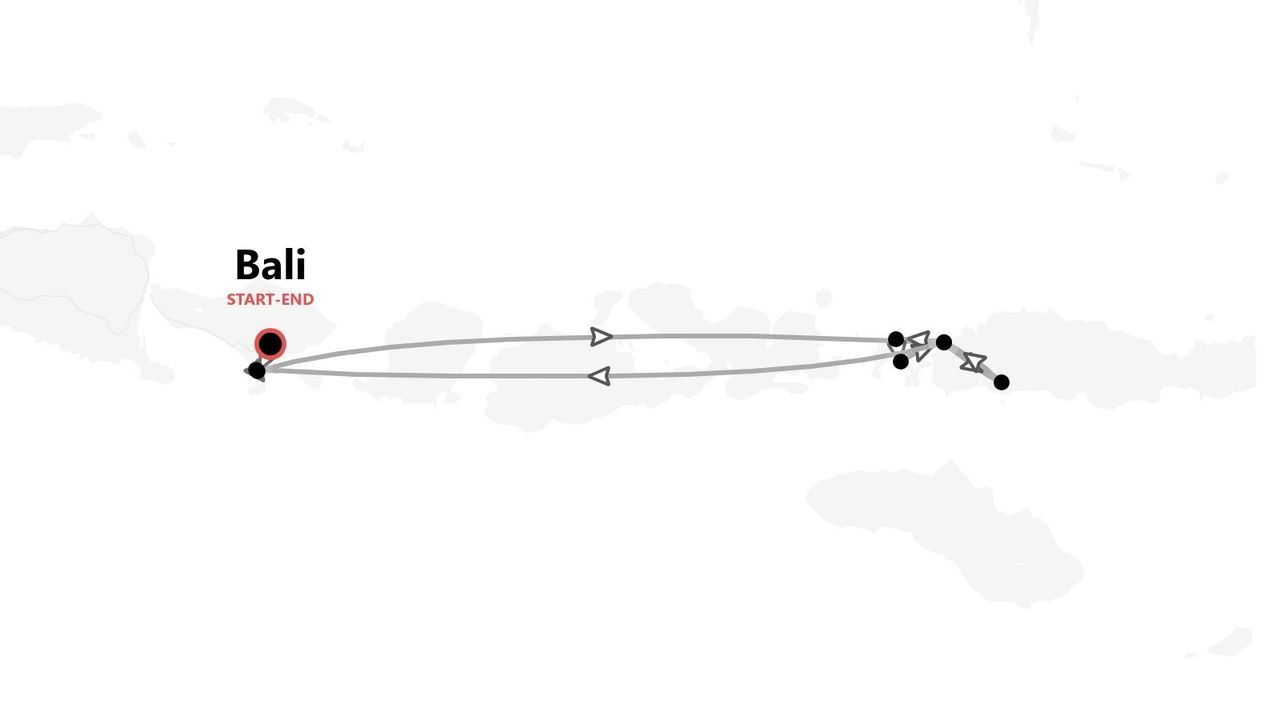 Carte de l'itinéraire d'un circuit de voyage commençant et se terminant à Bali.