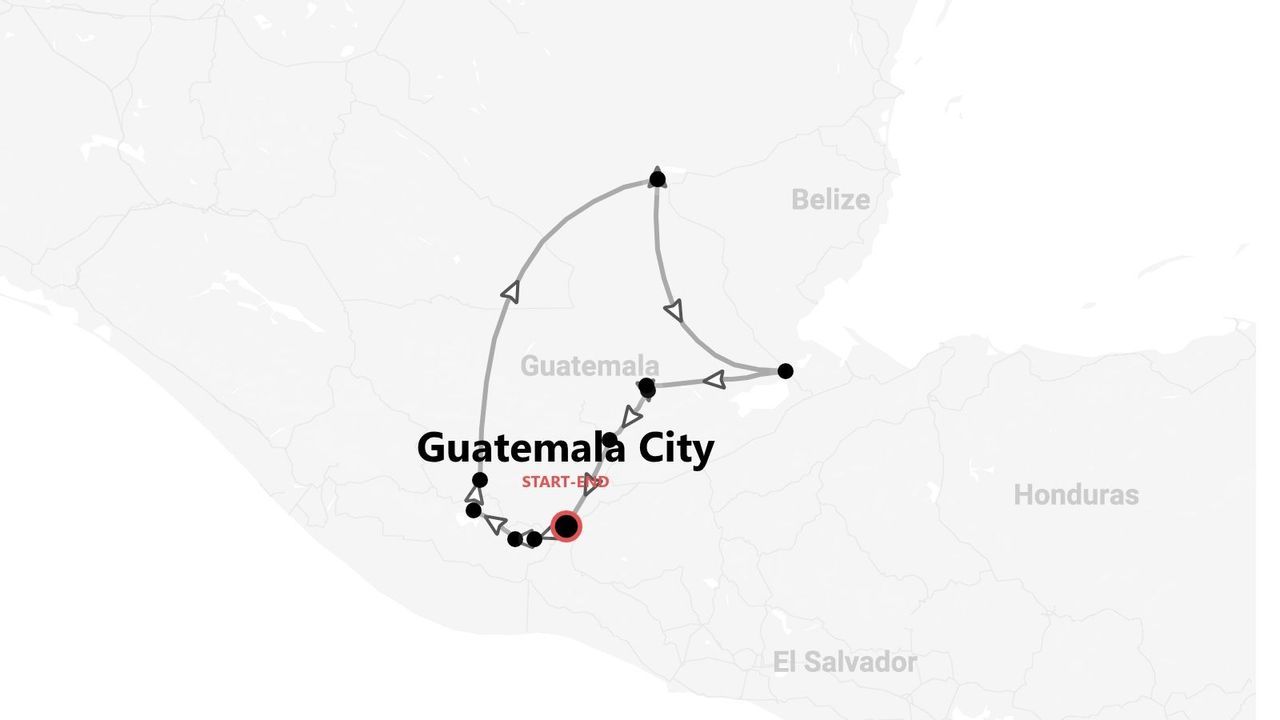 Carte d'un circuit au Guatemala, avec départ et arrivée à Guatemala City.