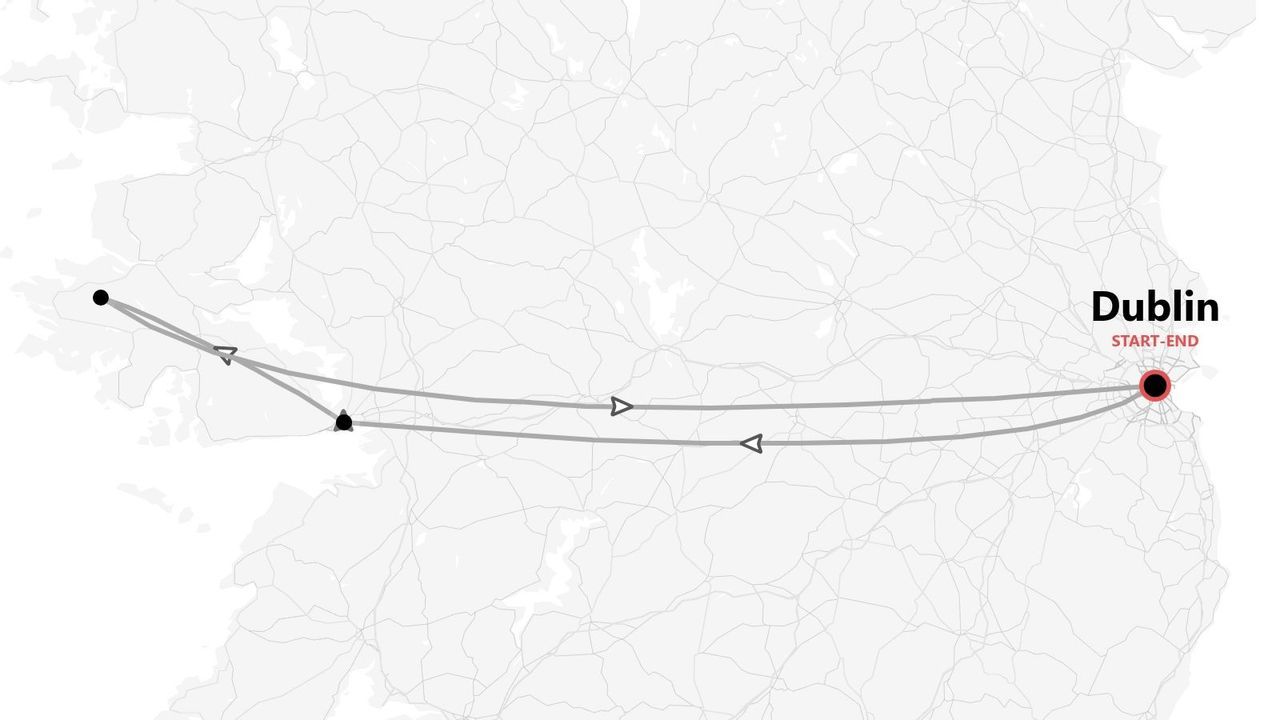 Carte d'Irlande présentant un itinéraire de voyage au départ et à l'arrivée de Dublin, avec des étapes le long de la côte ouest.
