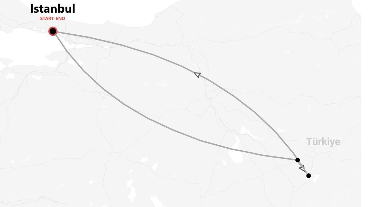 Une carte de la Turquie montrant un itinéraire de voyage circulaire qui commence et se termine à Istanbul.