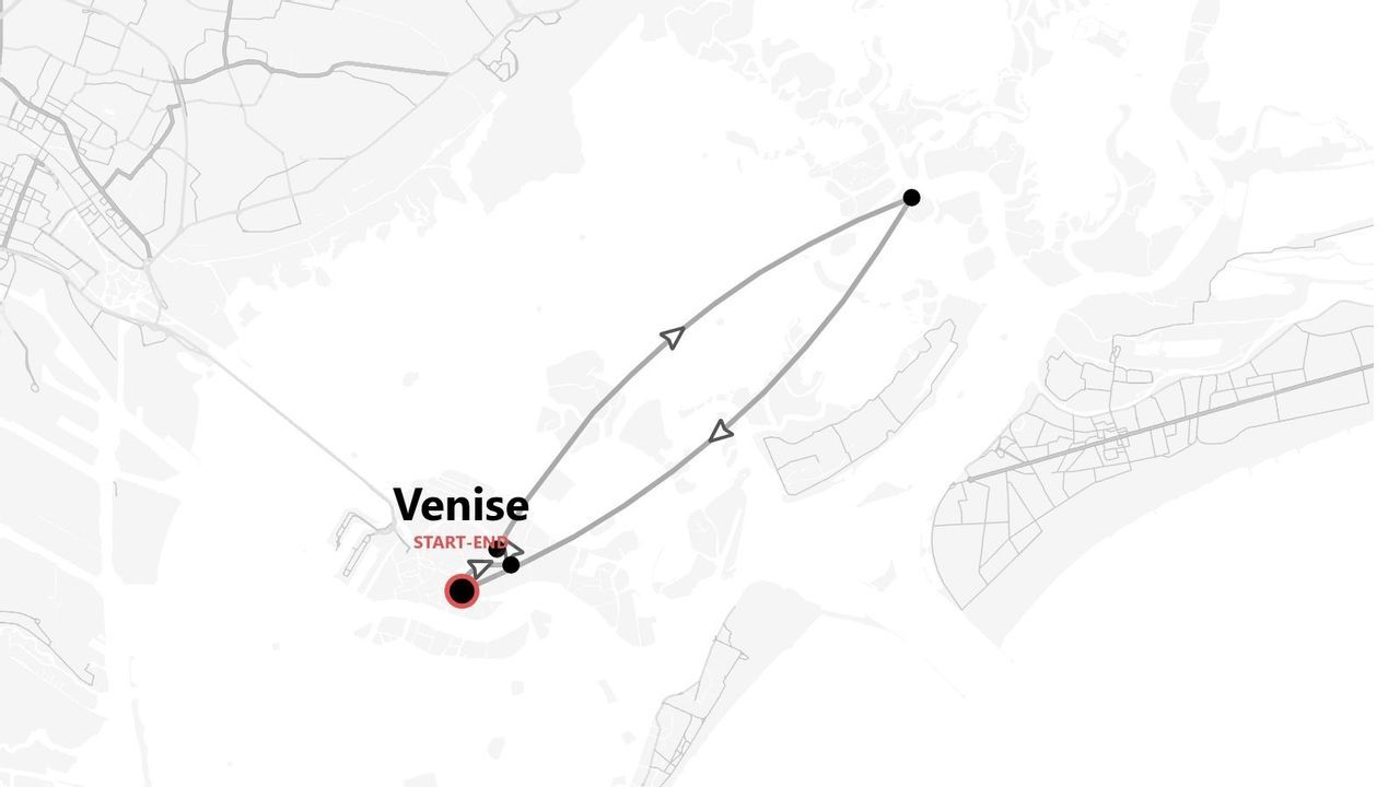 Une carte stylisée présentant un itinéraire de voyage circulaire, débutant et se terminant à Venise, sur un fond en niveaux de gris.