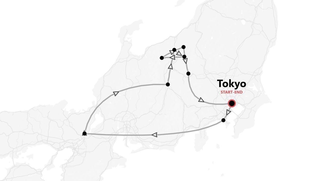 Carte d'un circuit au Japon, avec départ et arrivée à Tokyo.