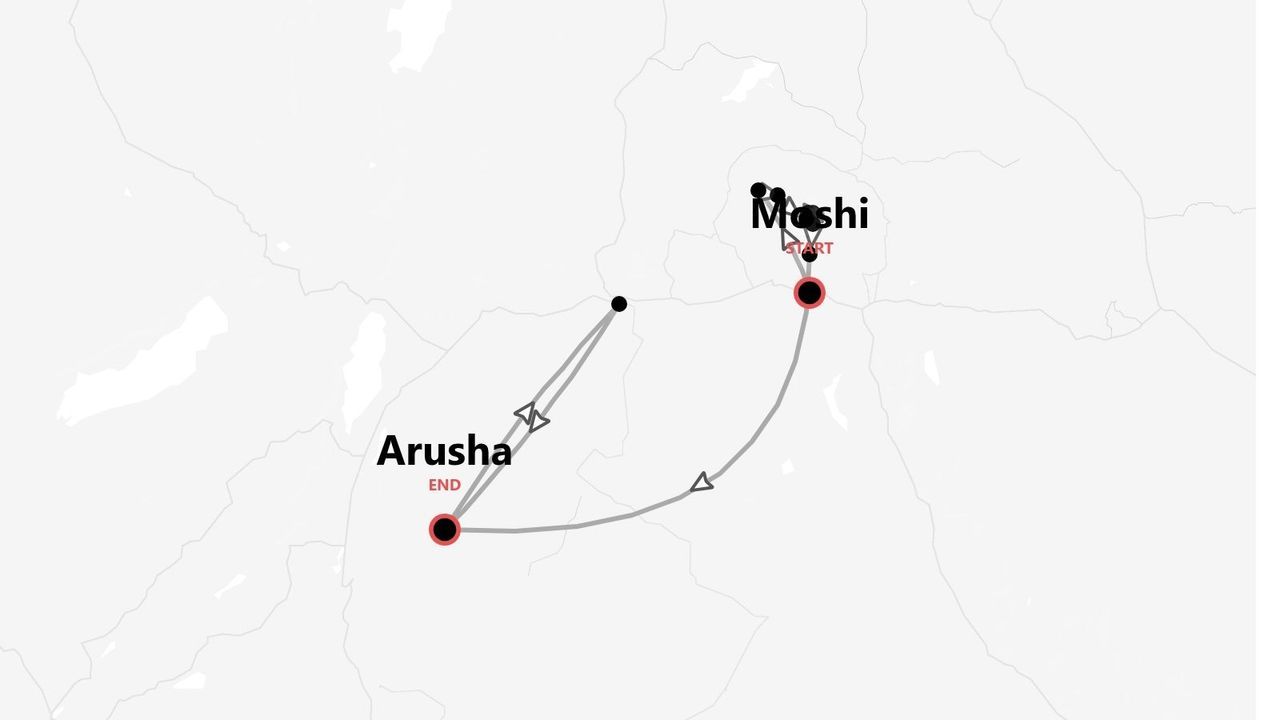 Carte de l'itinéraire de Moshi à Arusha.