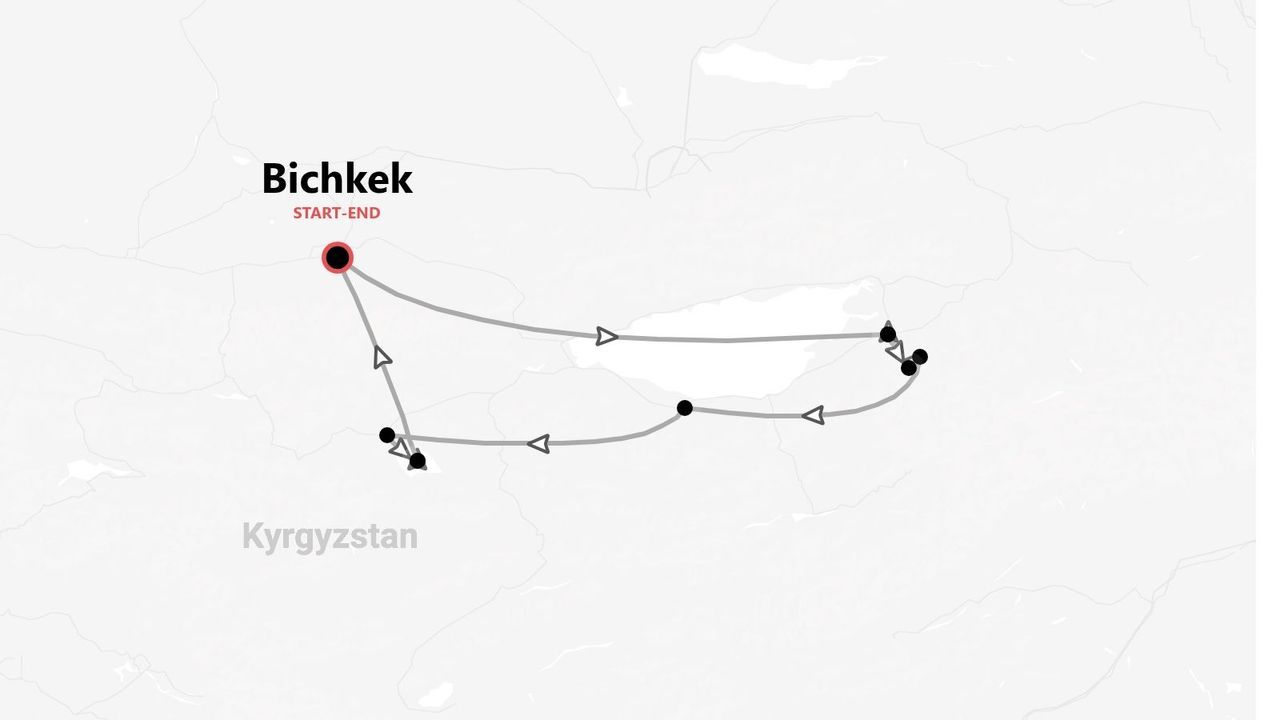 Une carte minimaliste montrant un itinéraire de voyage à travers le Kirghizistan, commençant et se terminant à Bichkek.