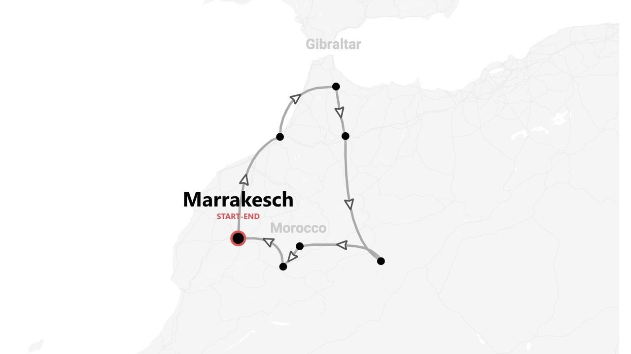 Karte einer Rundreise durch Marokko. Der Rundweg startet und endet in Marrakesch.
