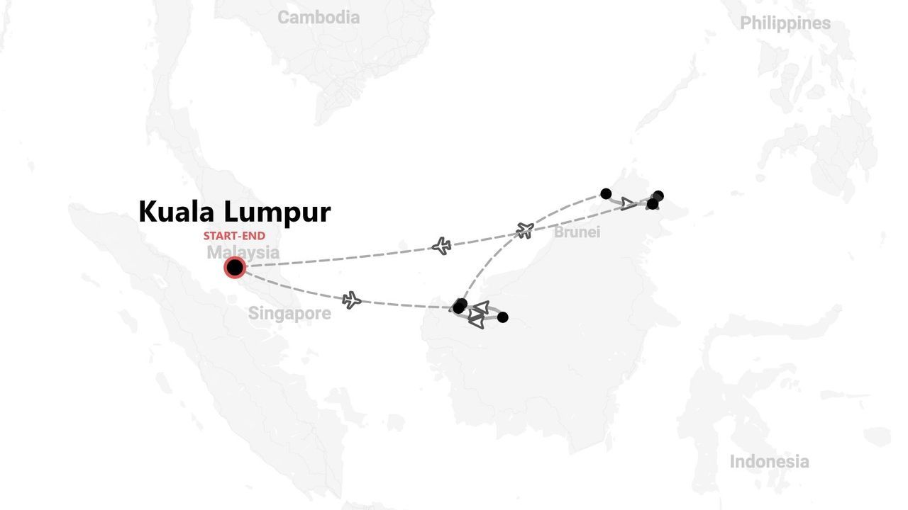 Carte d'un itinéraire de voyage en Asie du Sud-Est, débutant et se terminant à Kuala Lumpur, Malaisie, avec des étapes au Brunei.