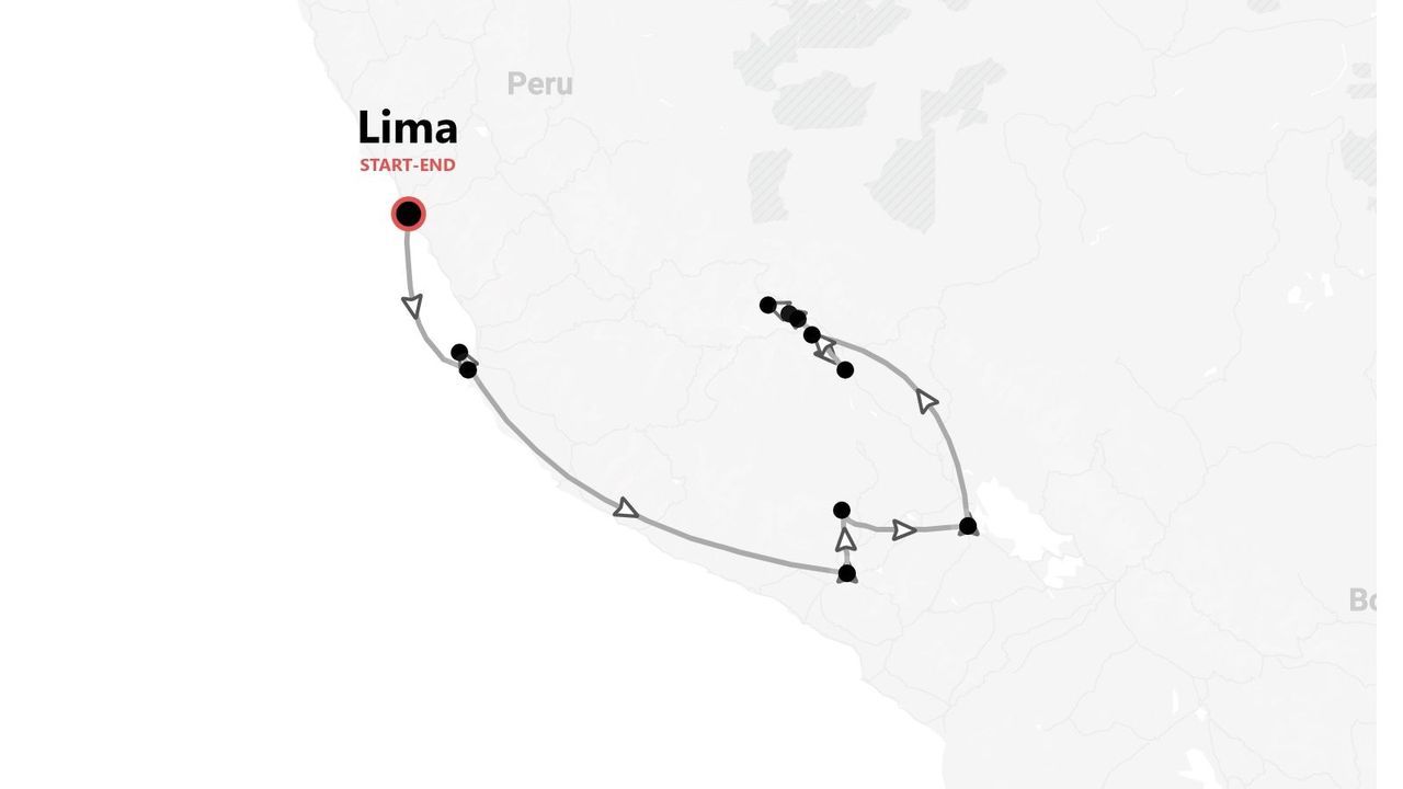 Eine minimalistische Karte Perus mit einer Reiseroute, die in Lima beginnt und endet.