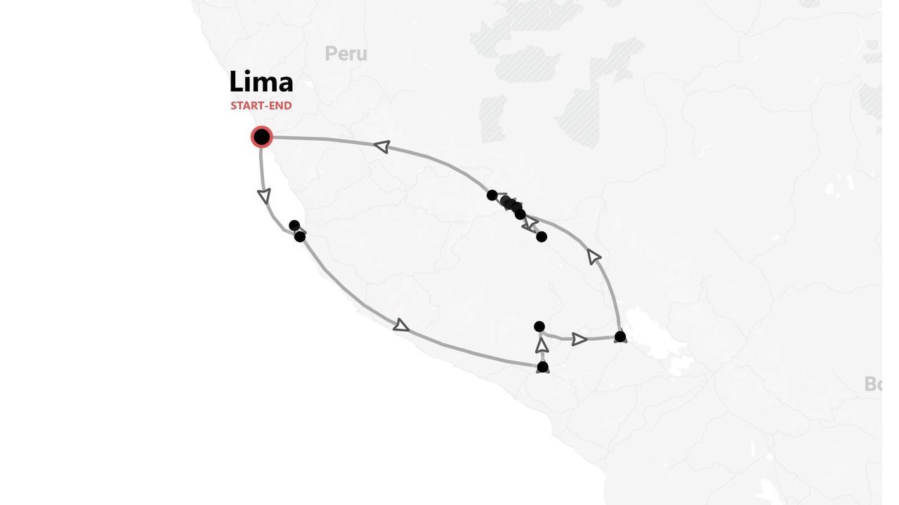 A map showing a tour itinerary in Peru, with a loop route starting and ending in the city of Lima.
