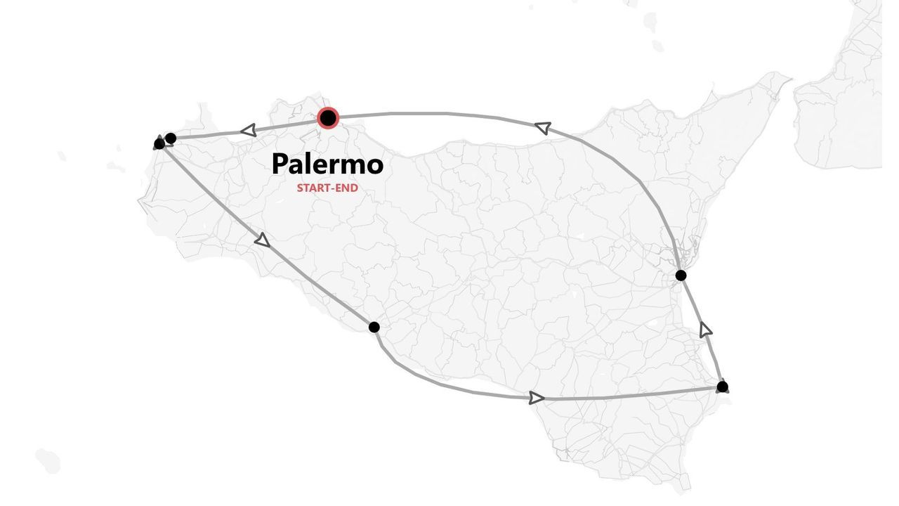 Eine Karte Siziliens, die eine Rundreise zeigt, die in Palermo beginnt und endet.
