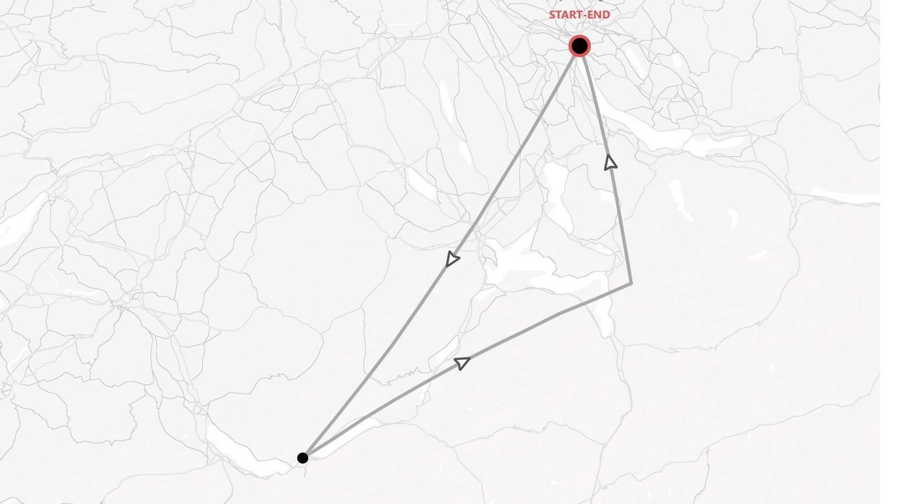 A minimalist map showing a triangular travel route with directional arrows and a shared start-end point.