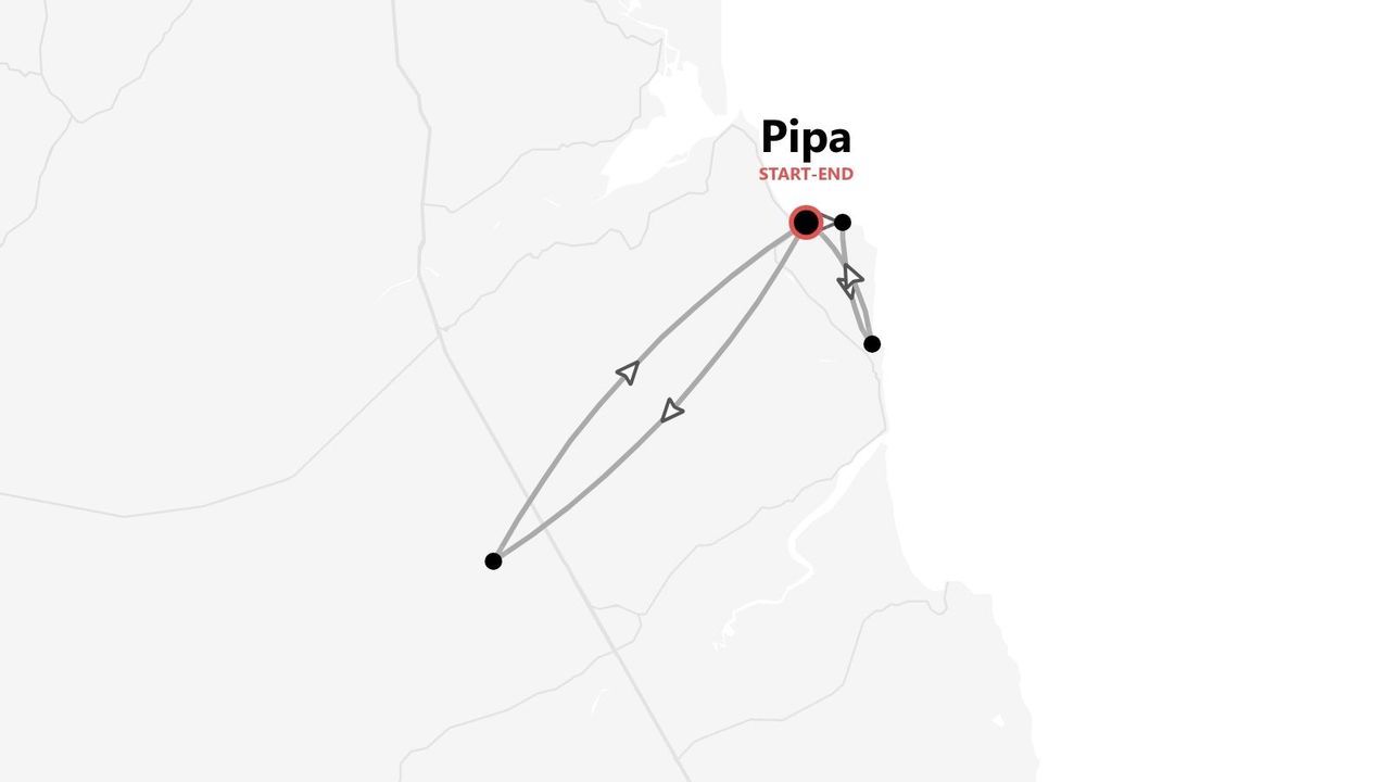 Un mapa que muestra un itinerario de viaje que comienza y termina en Pipa, con la ruta indicada por líneas que conectan varios puntos de interés.