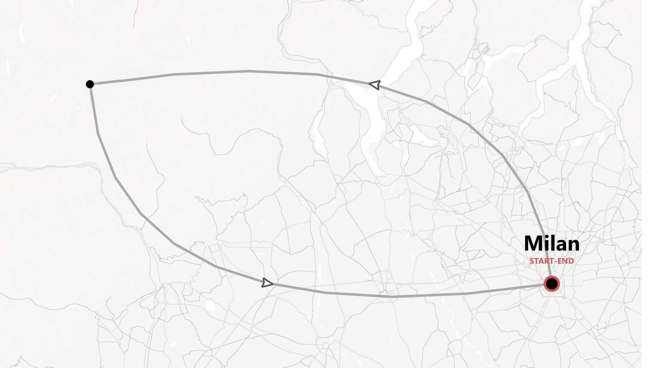 Une carte stylisée présentant un itinéraire aller-retour avec Milan comme point de départ et d'arrivée.