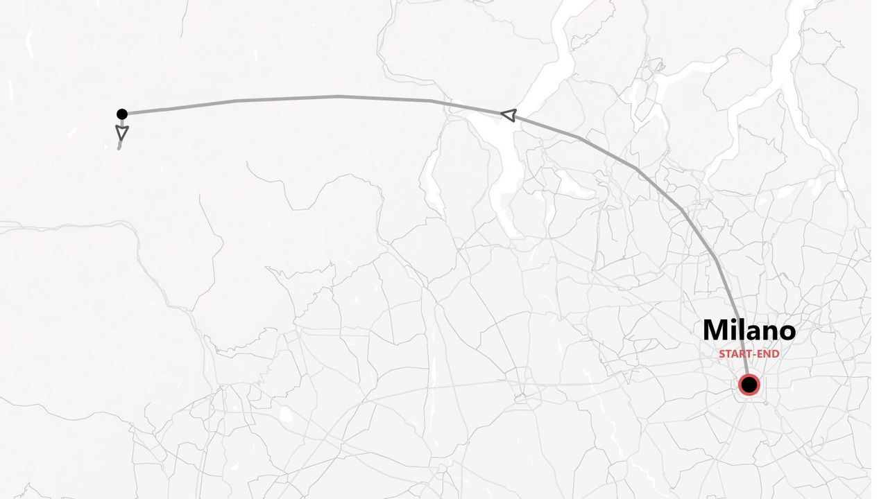 Un mapa estilizado que muestra una ruta de vuelo de ida y vuelta con inicio y fin en Milán.
