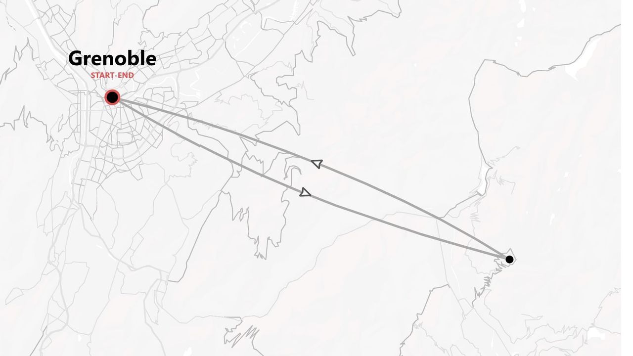 Mappa stilizzata di un itinerario circolare con partenza e arrivo a Grenoble.