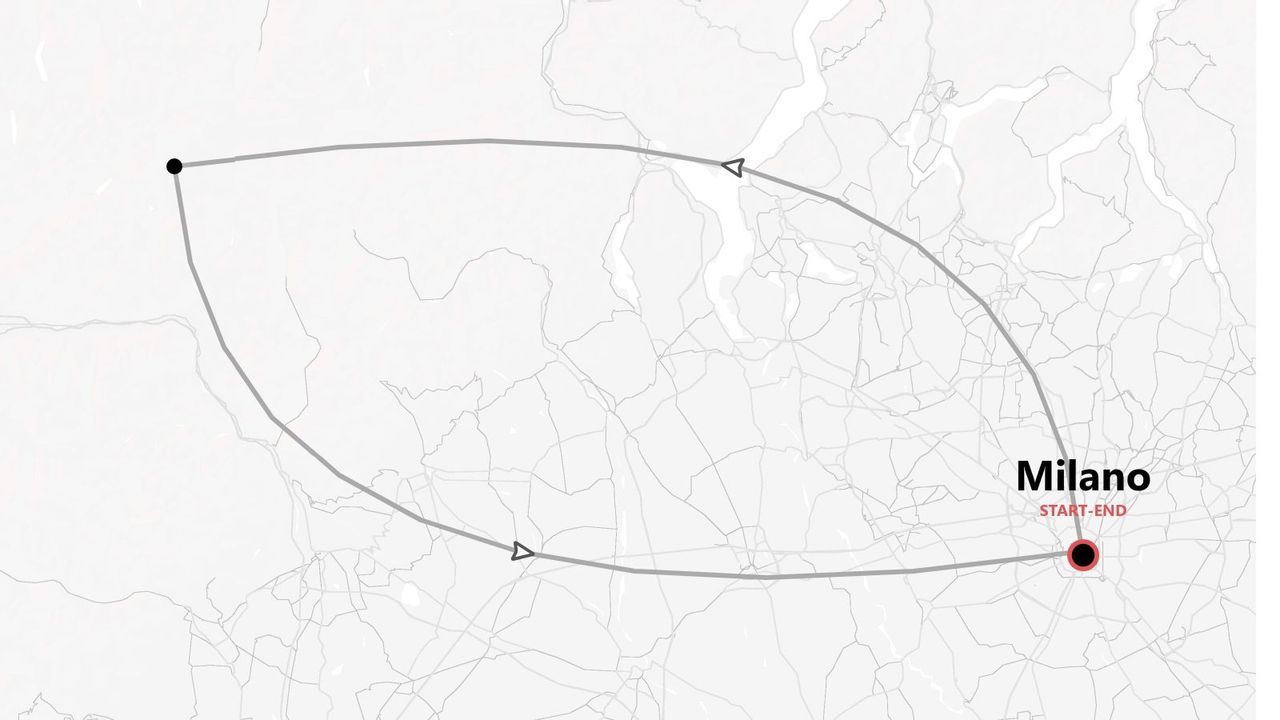 Mappa di un itinerario circolare con partenza e arrivo a Milano.