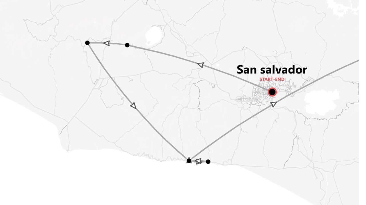 Una mappa in bianco e nero che mostra un itinerario di viaggio che inizia e finisce nella città di San Salvador.