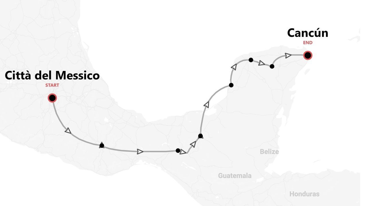 Mappa di un itinerario di viaggio che inizia a Città del Messico e termina a Cancún, con tappe segnate lungo il percorso.