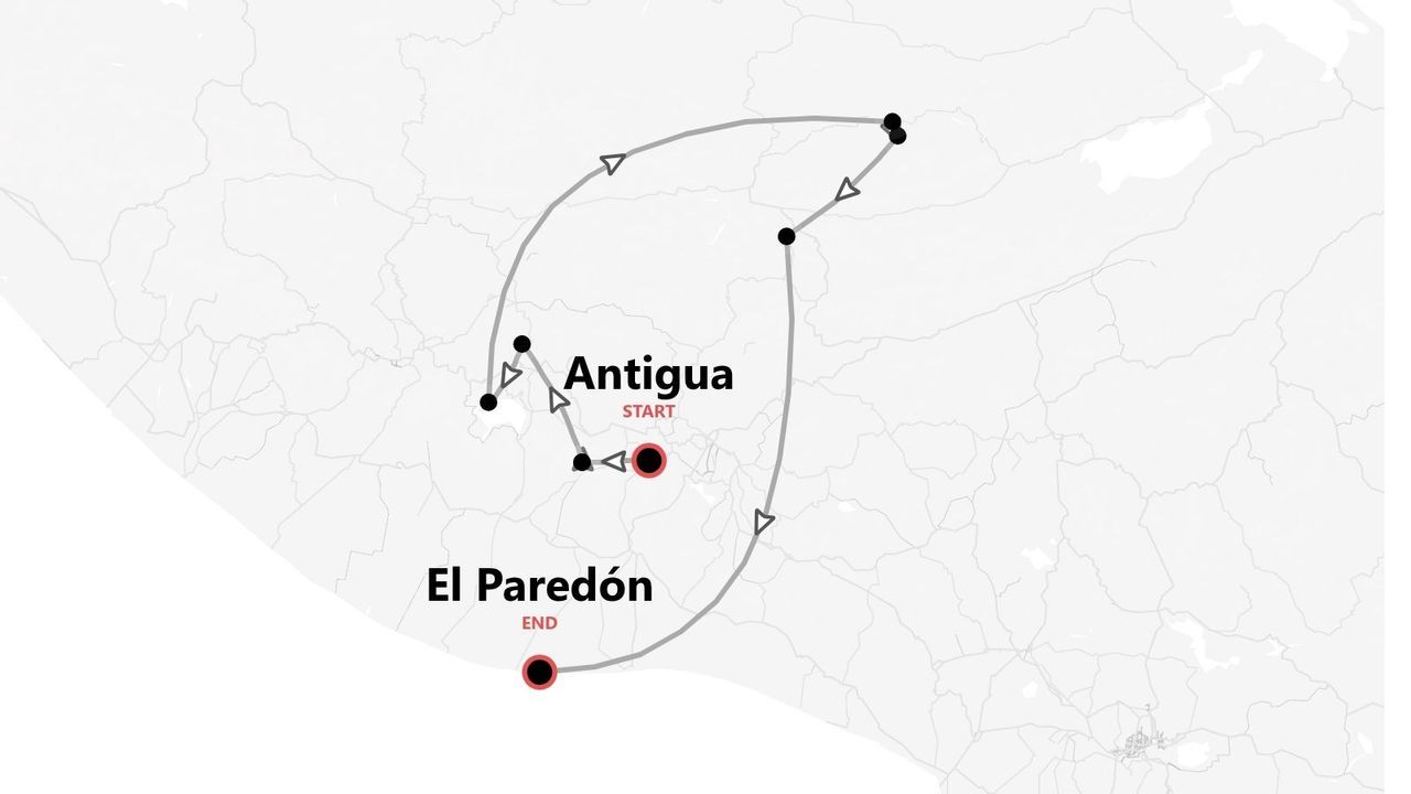 Eine stilisierte Karte, die eine Reiseroute von Antigua nach El Paredón zeigt, wobei der Weg durch eine geschwungene graue Linie markiert ist.