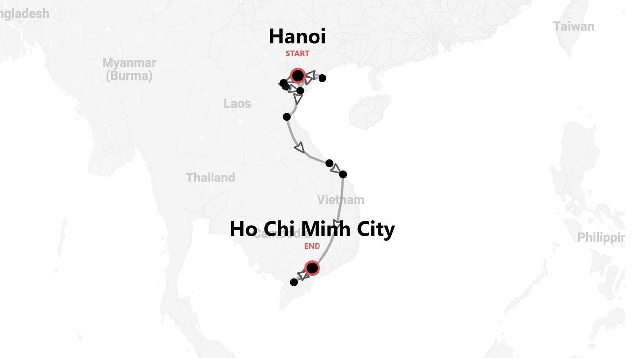 Eine Reiseroute durch Vietnam, beginnend in Hanoi im Norden und endend in Ho-Chi-Minh-Stadt im Süden.