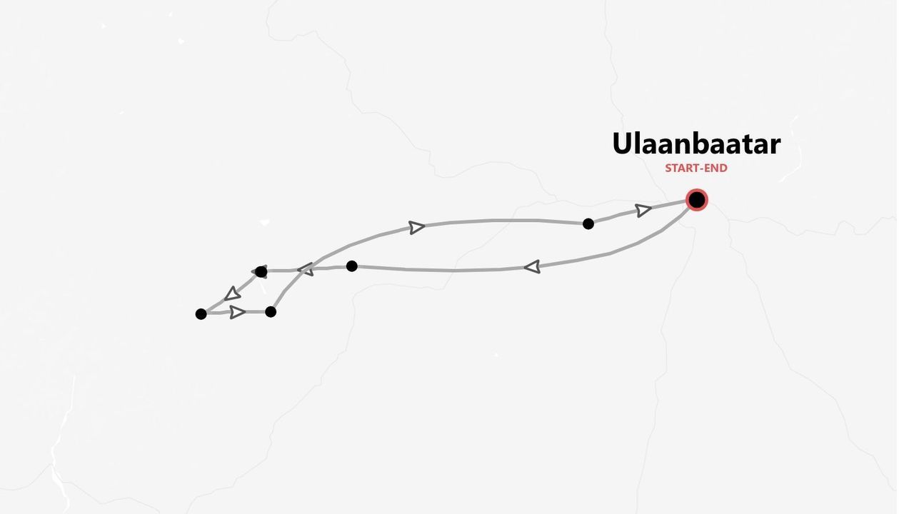Eine Karte einer Reiseroute, die in Ulaanbaatar beginnt und endet.