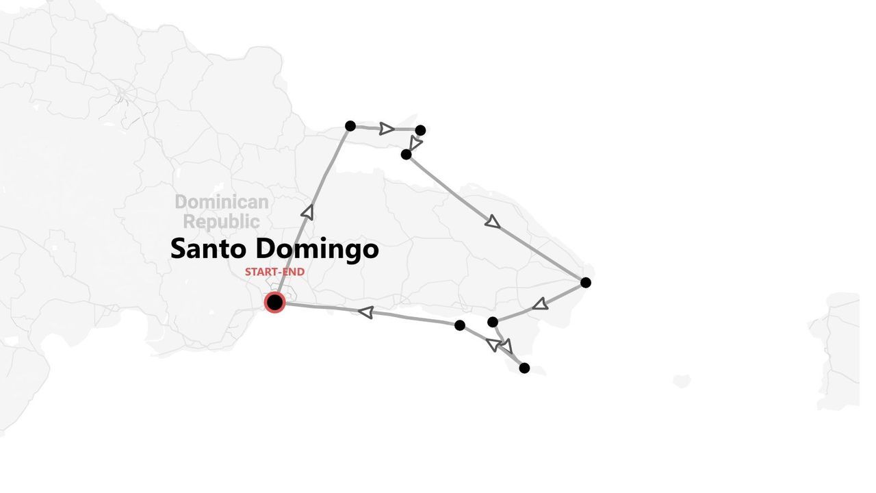 Mappa della Repubblica Dominicana con itinerario di viaggio da Santo Domingo.