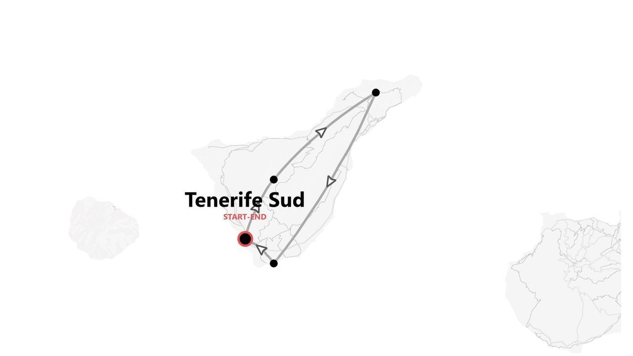 Una mappa che mostra l'itinerario di viaggio per un tour a Tenerife Sud, con un percorso circolare e un punto di partenza-arrivo combinato.