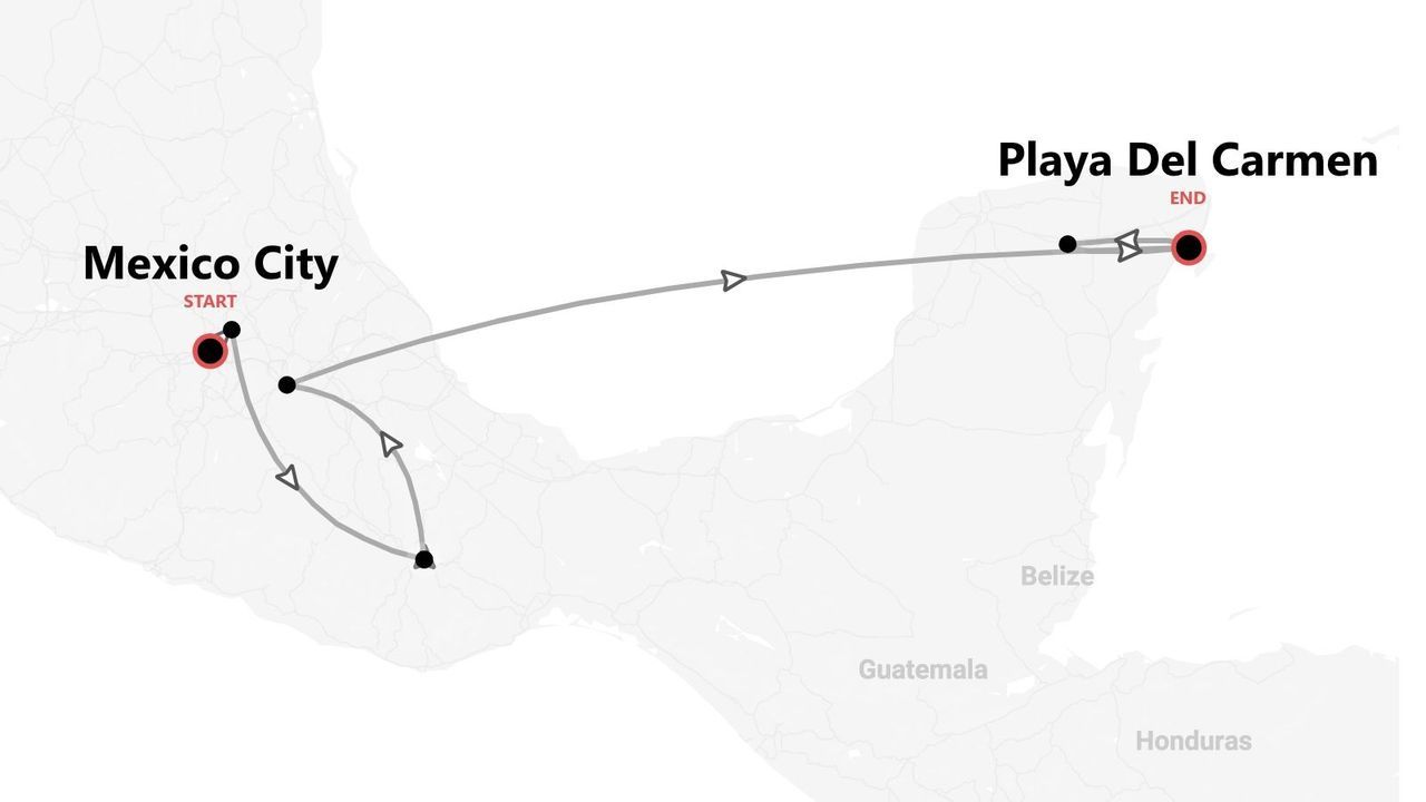 A map showing a travel route starting in Mexico City and ending in Playa Del Carmen, Mexico.