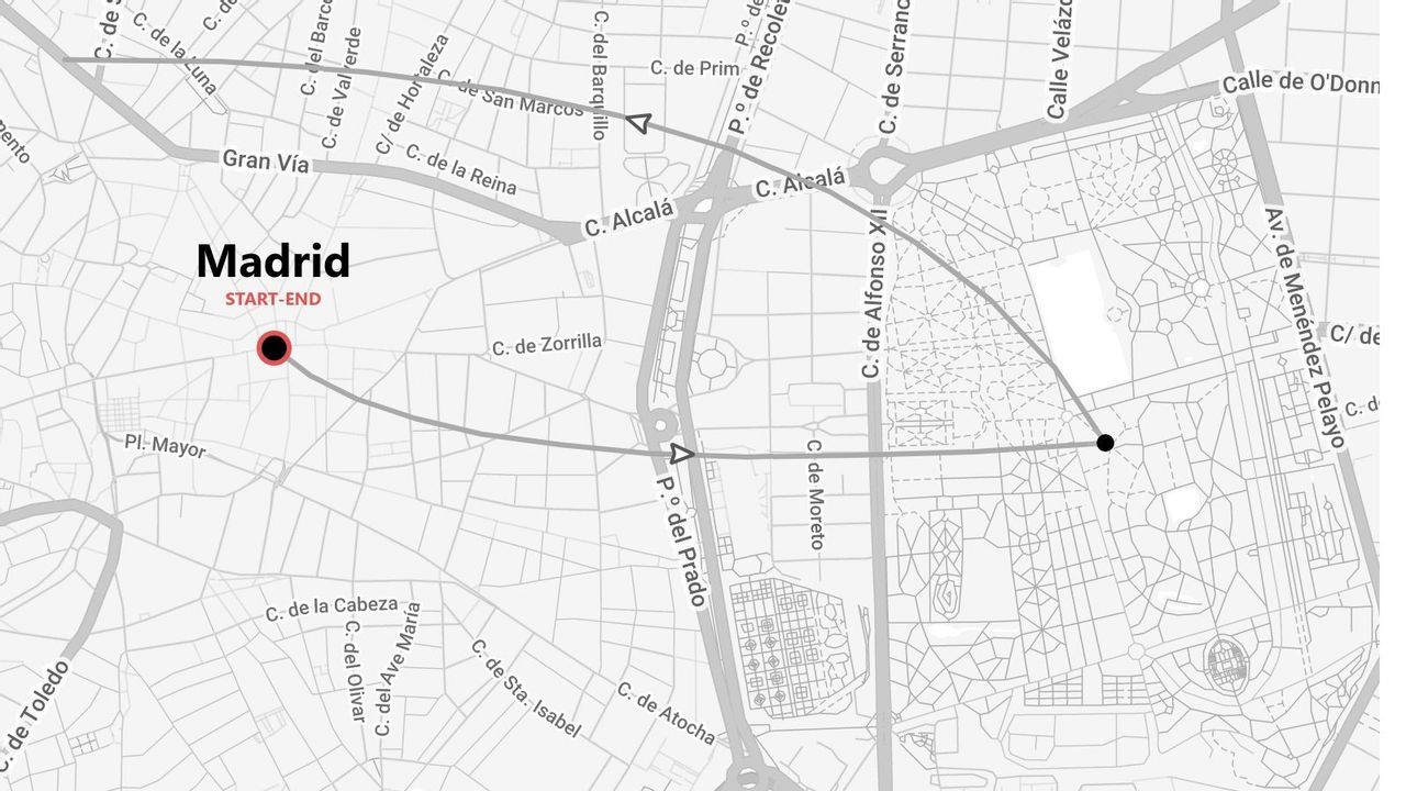 Une carte stylisée en niveaux de gris montrant un itinéraire à travers la ville de Madrid, avec un point de départ et d'arrivée marqué près de la Gran Vía.