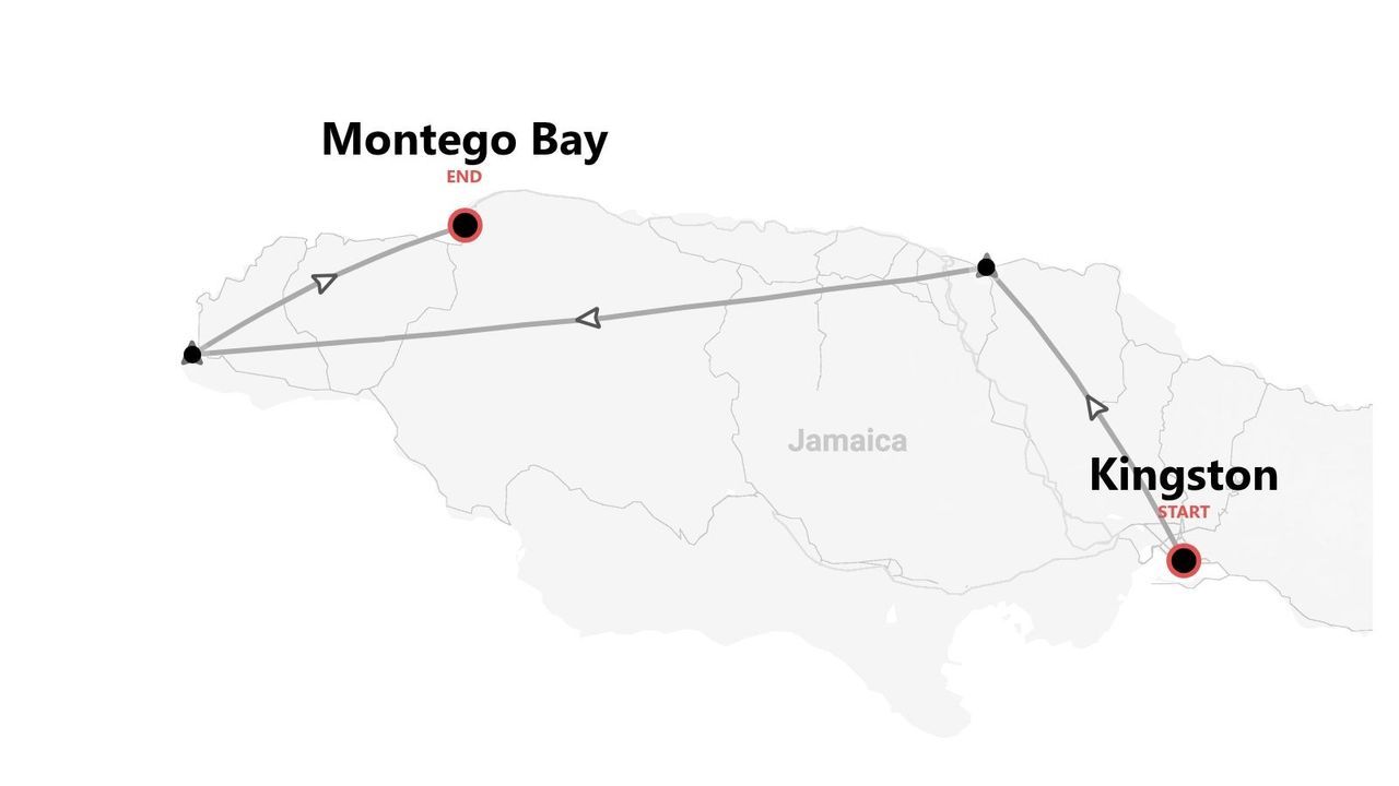 Mapa de Jamaica: Ruta turística de Kingston a Montego Bay.