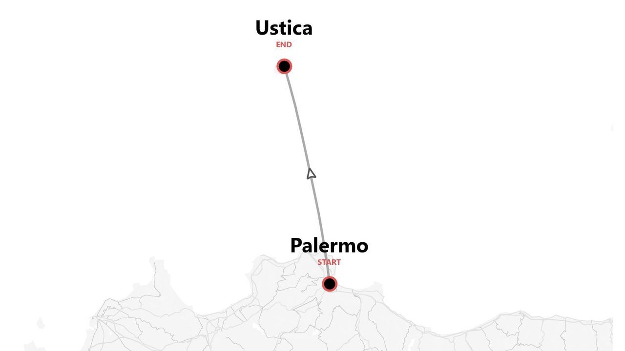 Mappa del percorso di viaggio da Palermo all'isola di Ustica.
