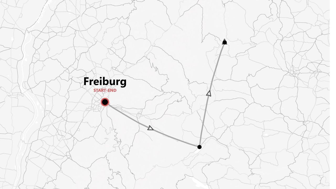 Una mappa stilizzata che mostra un itinerario di viaggio che inizia e finisce nella città di Friburgo.