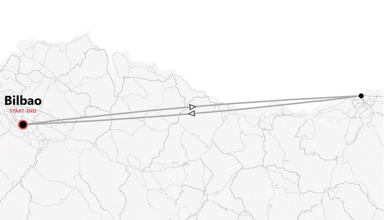 A map showing a round-trip itinerary that starts and ends in Bilbao.