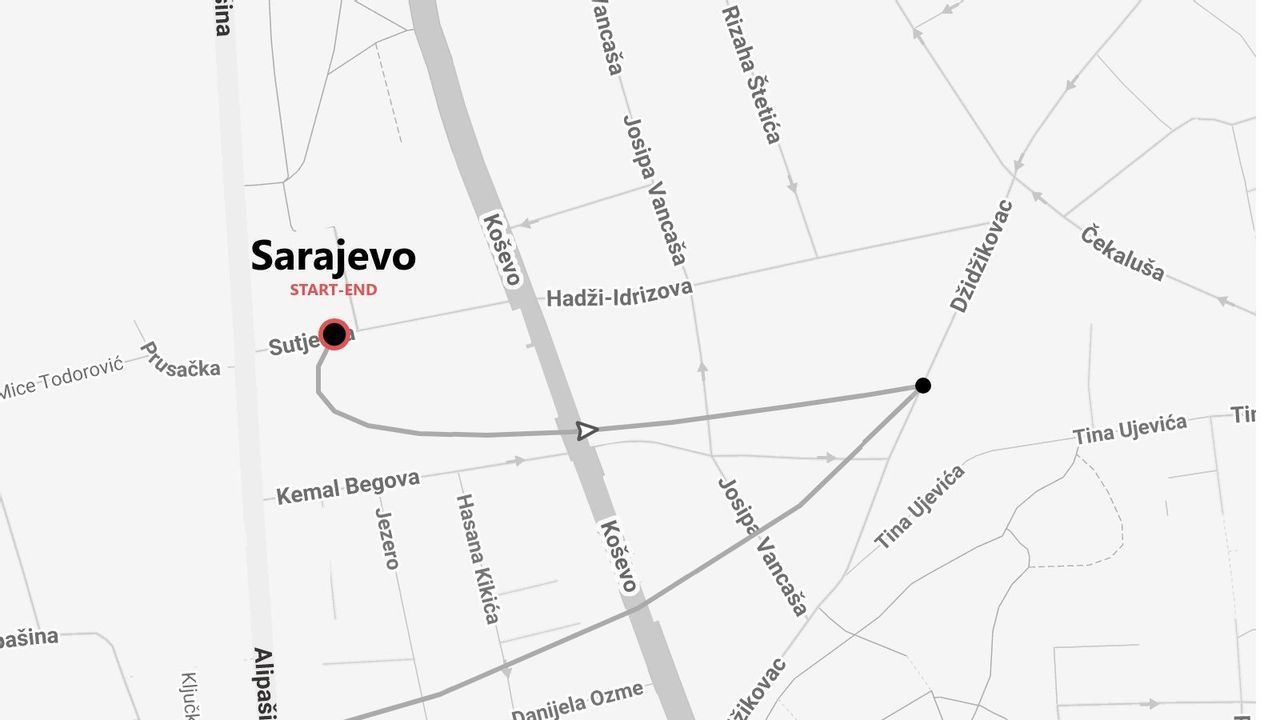 Un mapa en escala de grises de Sarajevo que muestra una ruta circular con un punto de inicio y fin marcado cerca de la calle Sutje.