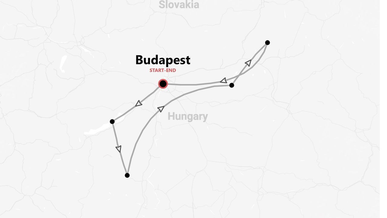 Una mappa che mostra un itinerario di viaggio in Ungheria, con partenza e arrivo a Budapest, e la Slovacchia visibile a nord.