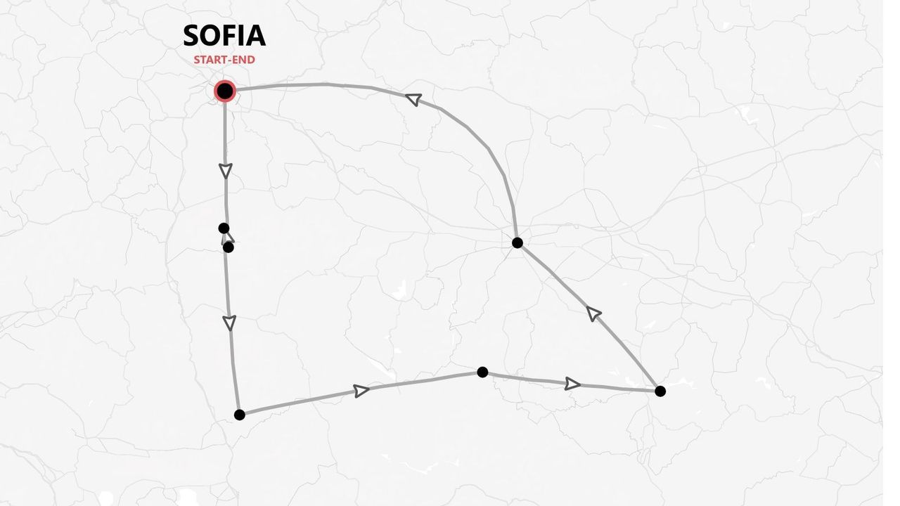 Une carte montrant un itinéraire de circuit qui commence et se termine à Sofia, avec le parcours marqué par une ligne, des flèches et des points de passage.